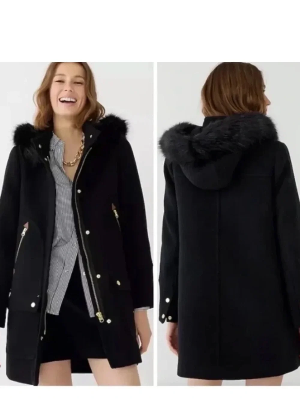 J. Crew Black Wool Hooded Pea Coat with Faux Fur Trim Nello Gori - Picture 4 of 4